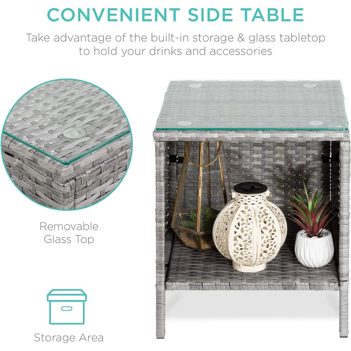 3-Piece Grey Wicker Patio Furniture Dining Set w/ Navy Blue Cushions