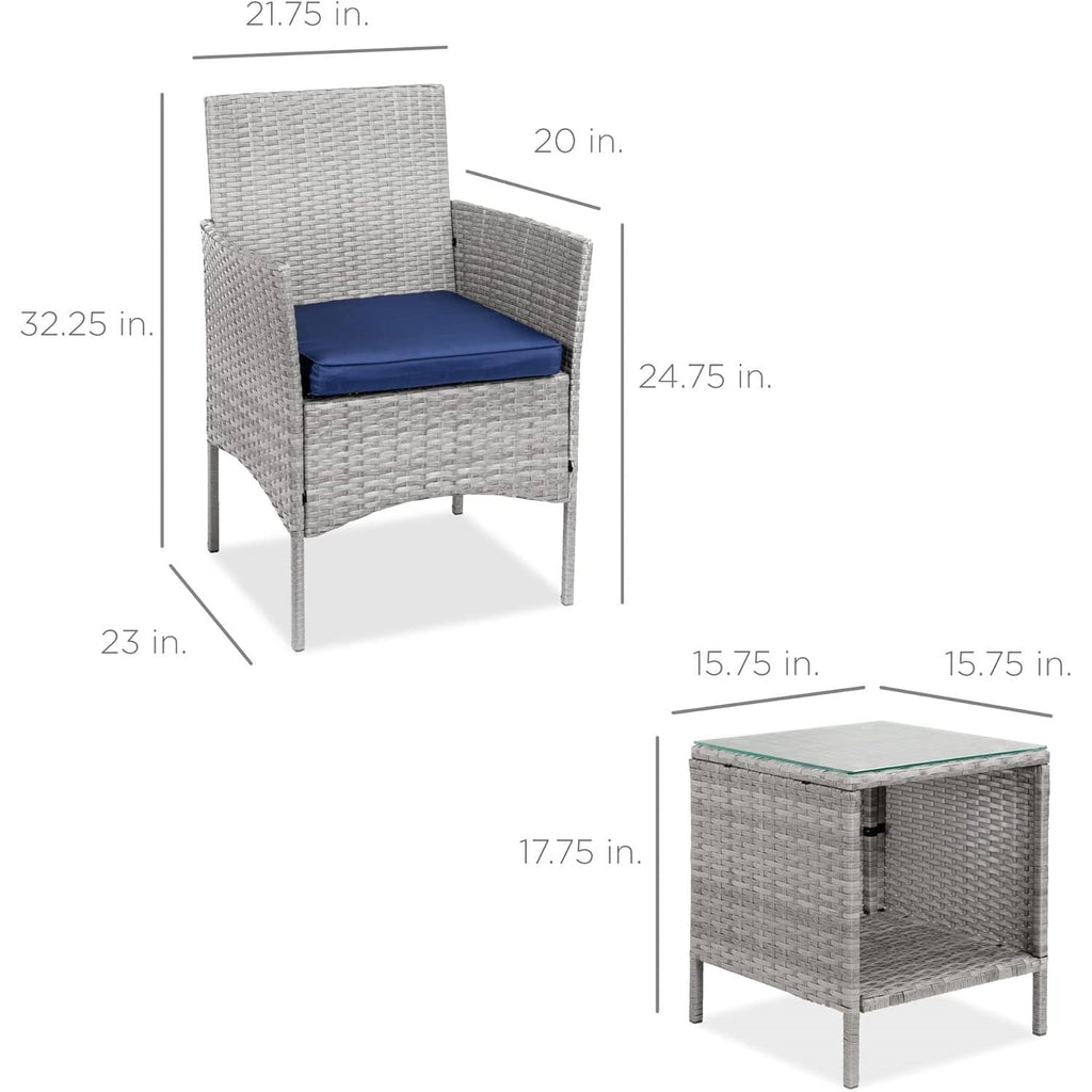3-Piece Grey Wicker Patio Furniture Dining Set w/ Navy Blue Cushions