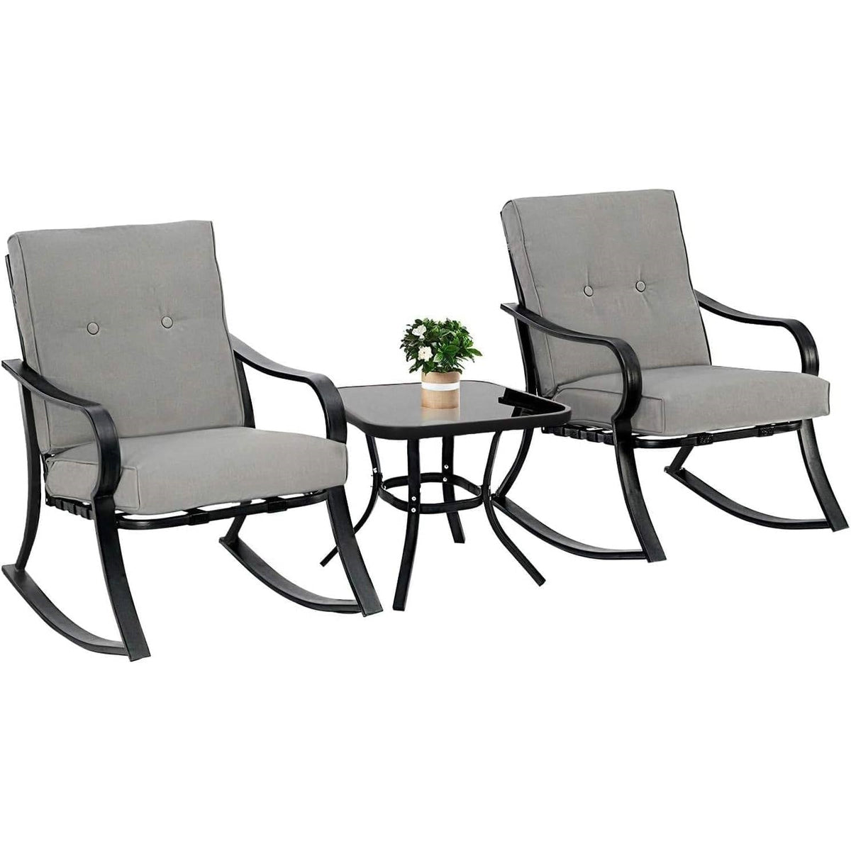 Outdoor 3-Piece Patio Furniture Table Rocking Chairs Set, Grey Cushions