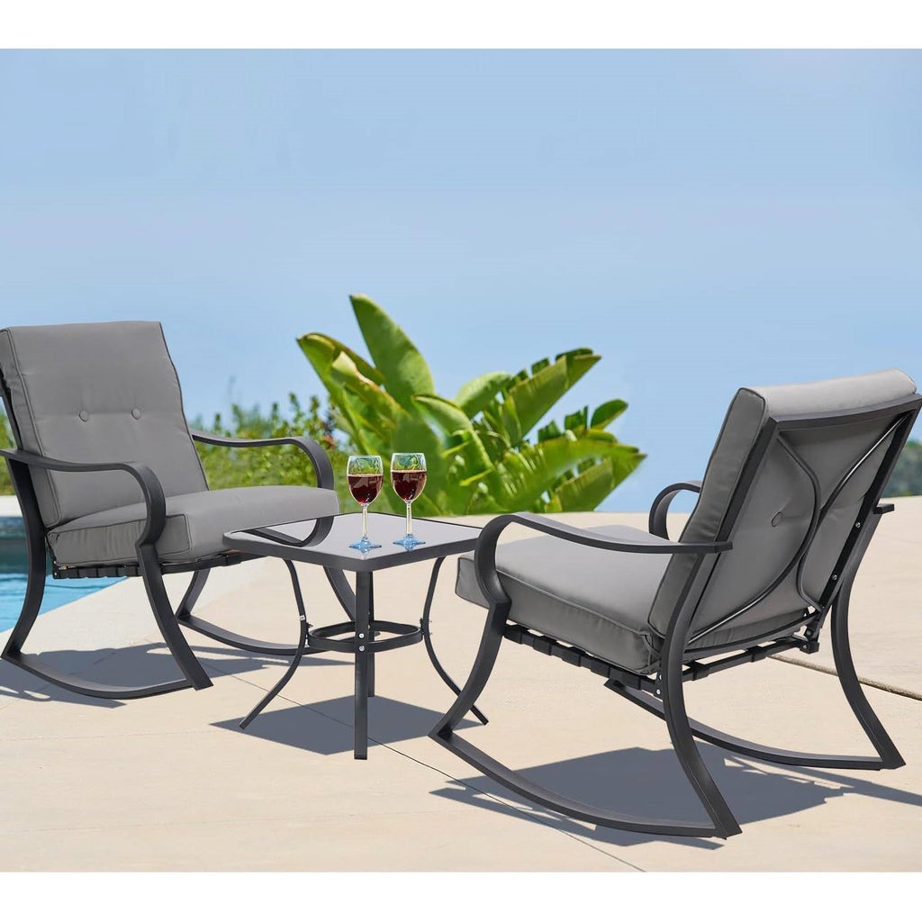 Outdoor 3-Piece Patio Furniture Table Rocking Chairs Set, Grey Cushions