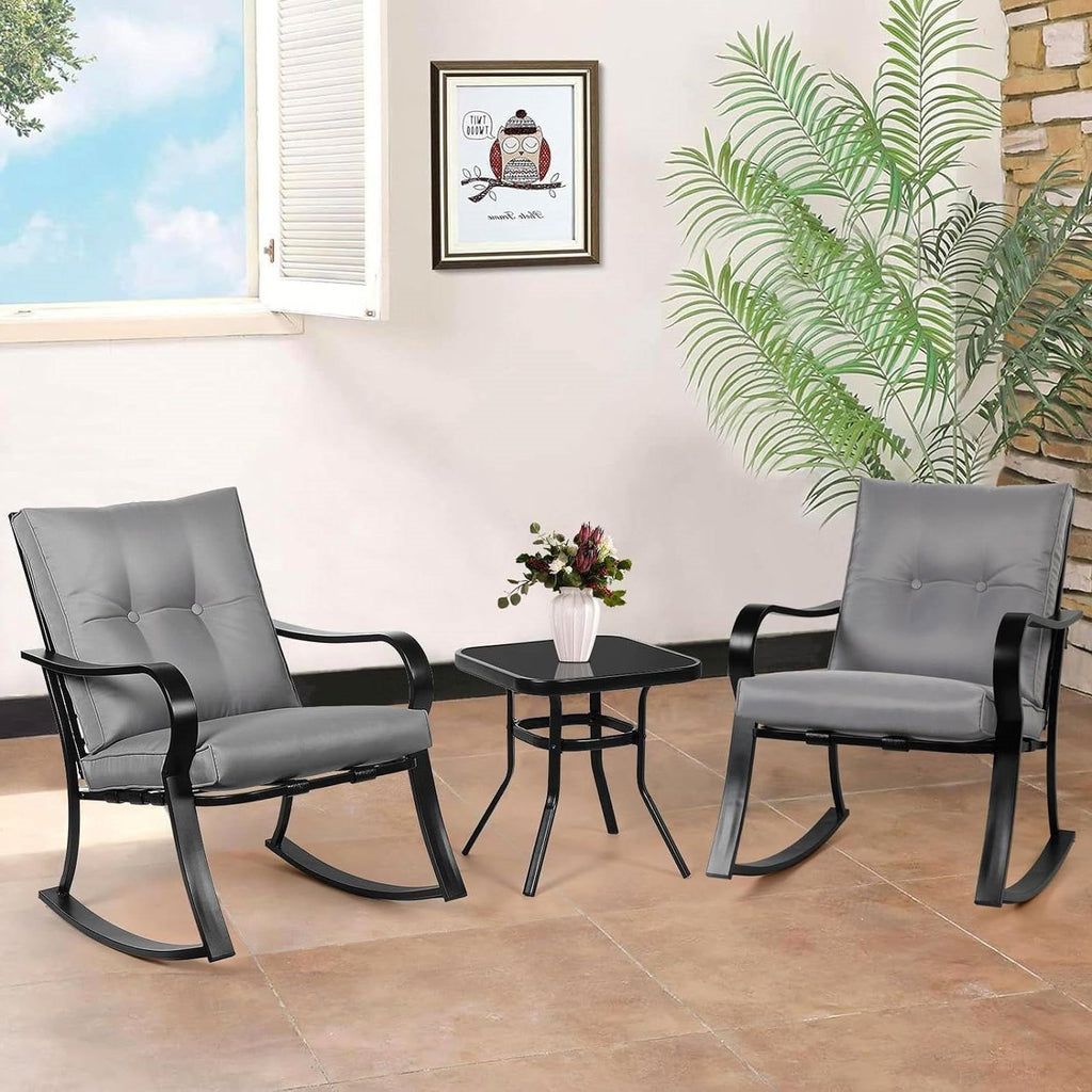 Outdoor 3-Piece Patio Furniture Table Rocking Chairs Set, Grey Cushions