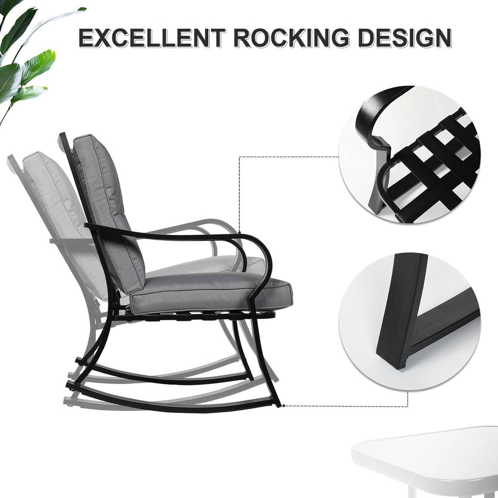 Outdoor 3-Piece Patio Furniture Table Rocking Chairs Set, Grey Cushions