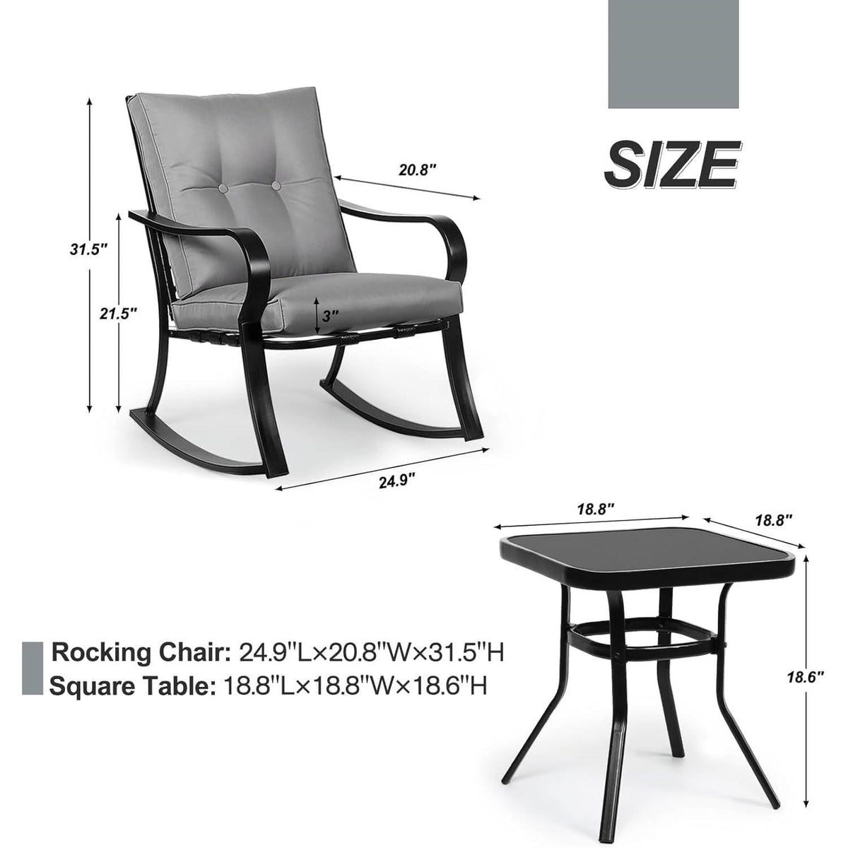 Outdoor 3-Piece Patio Furniture Table Rocking Chairs Set, Grey Cushions