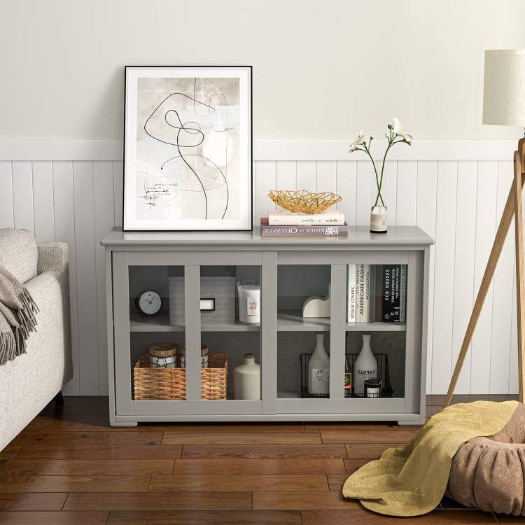 Grey Wood Buffet Storage Cabinet w/ Glass Sliding Door