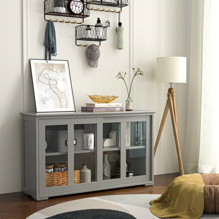 Grey Wood Buffet Storage Cabinet w/ Glass Sliding Door