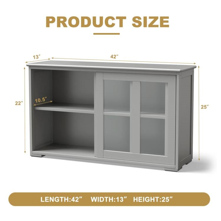 Grey Wood Buffet Storage Cabinet w/ Glass Sliding Door