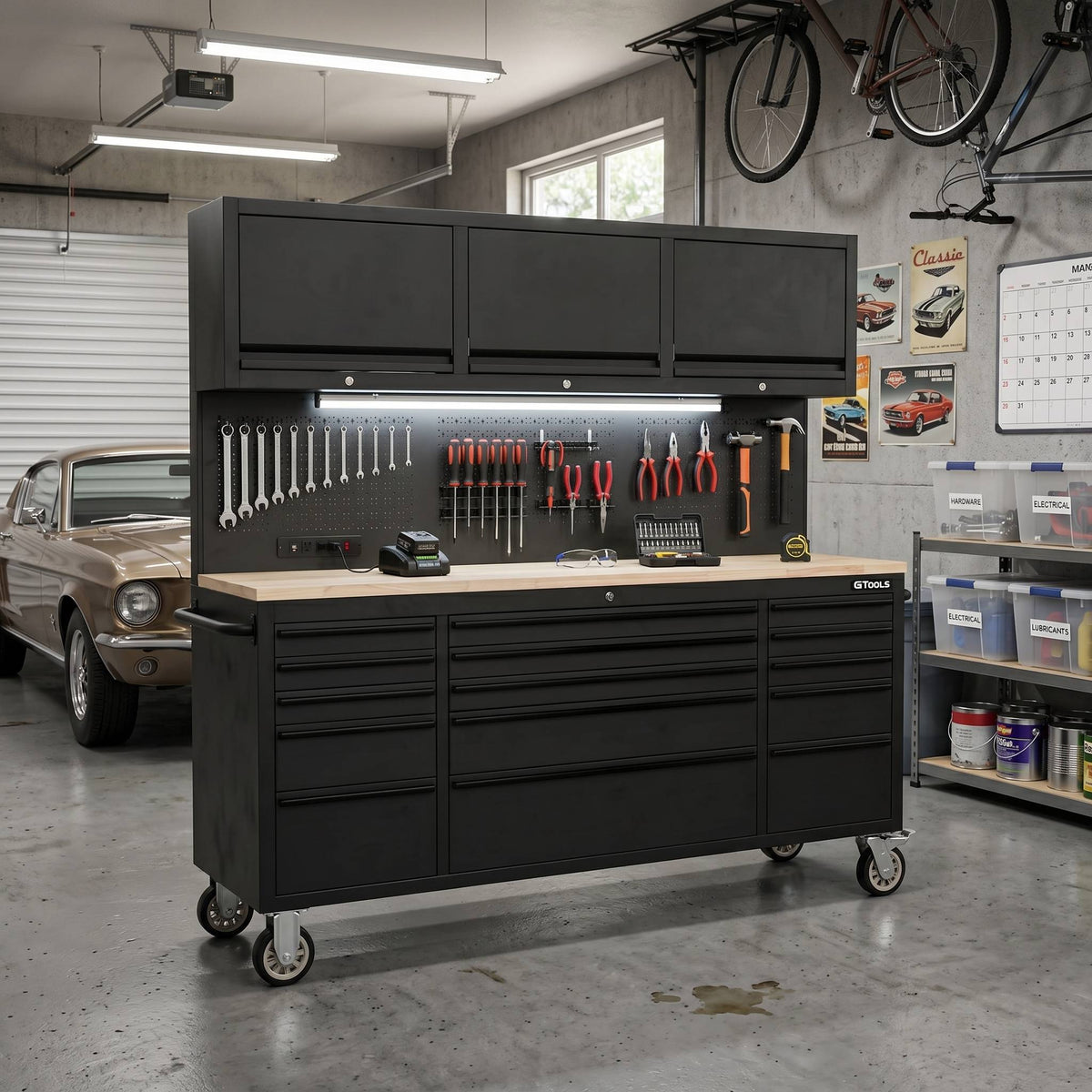 72 inch Rolling Tool Chest with Light & Power Strips, Workbench