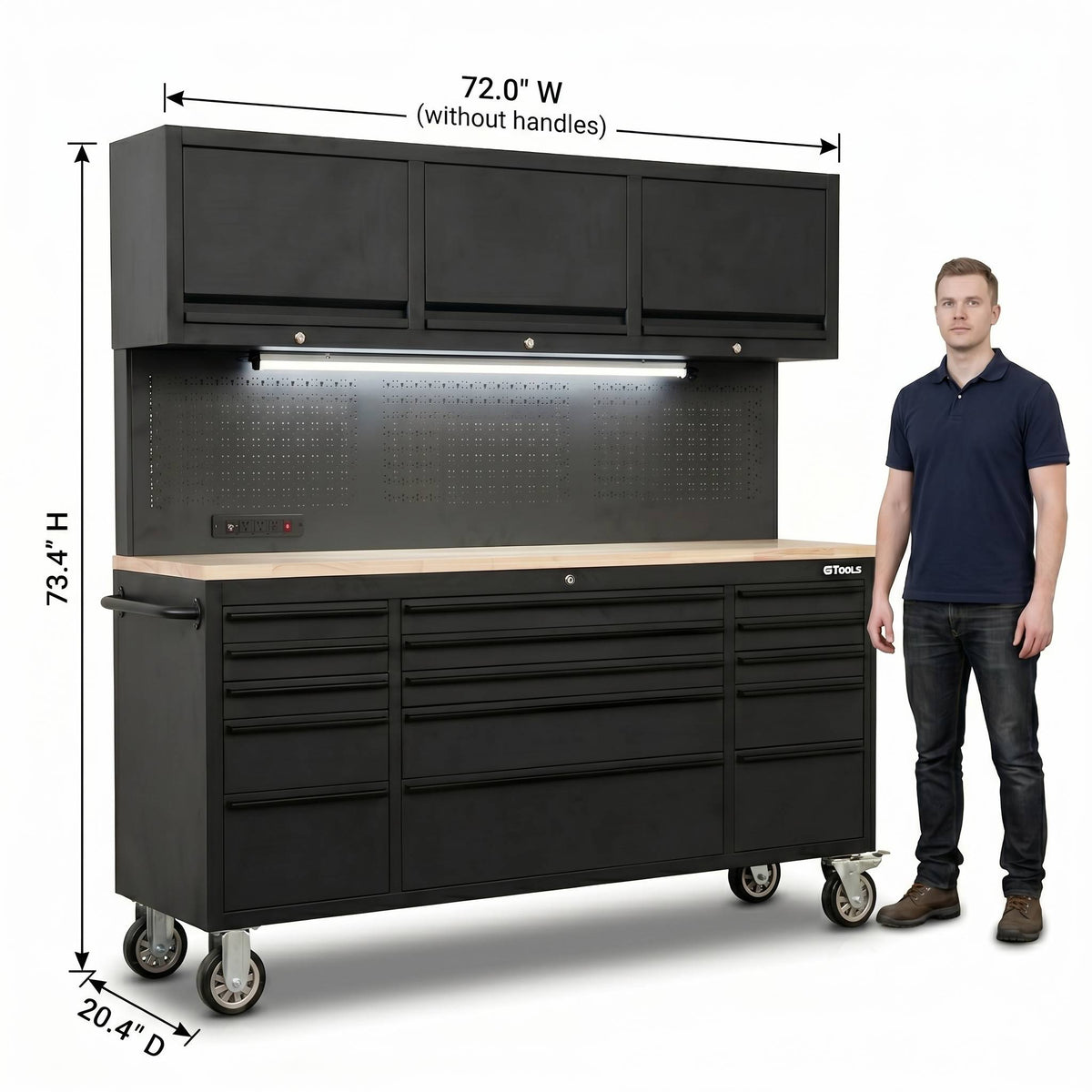 72 inch Rolling Tool Chest with Light & Power Strips, Workbench
