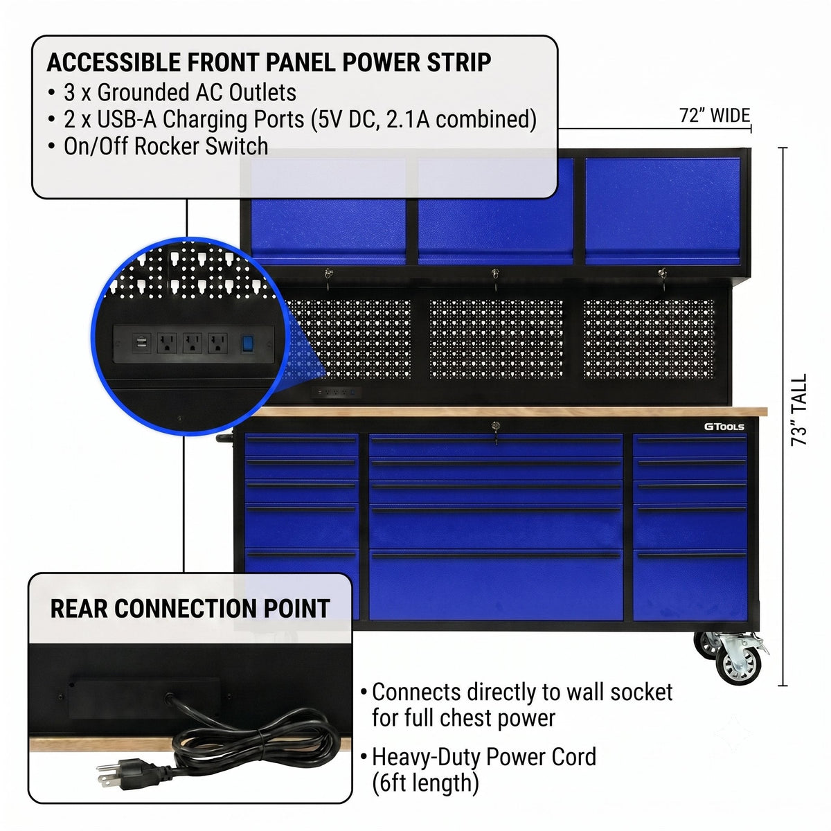 72 inch Rolling Tool Chest with Light & Power Strips, Workbench