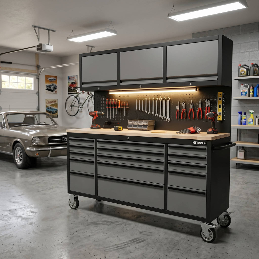72 inch Rolling Tool Chest with Light & Power Strips, Workbench