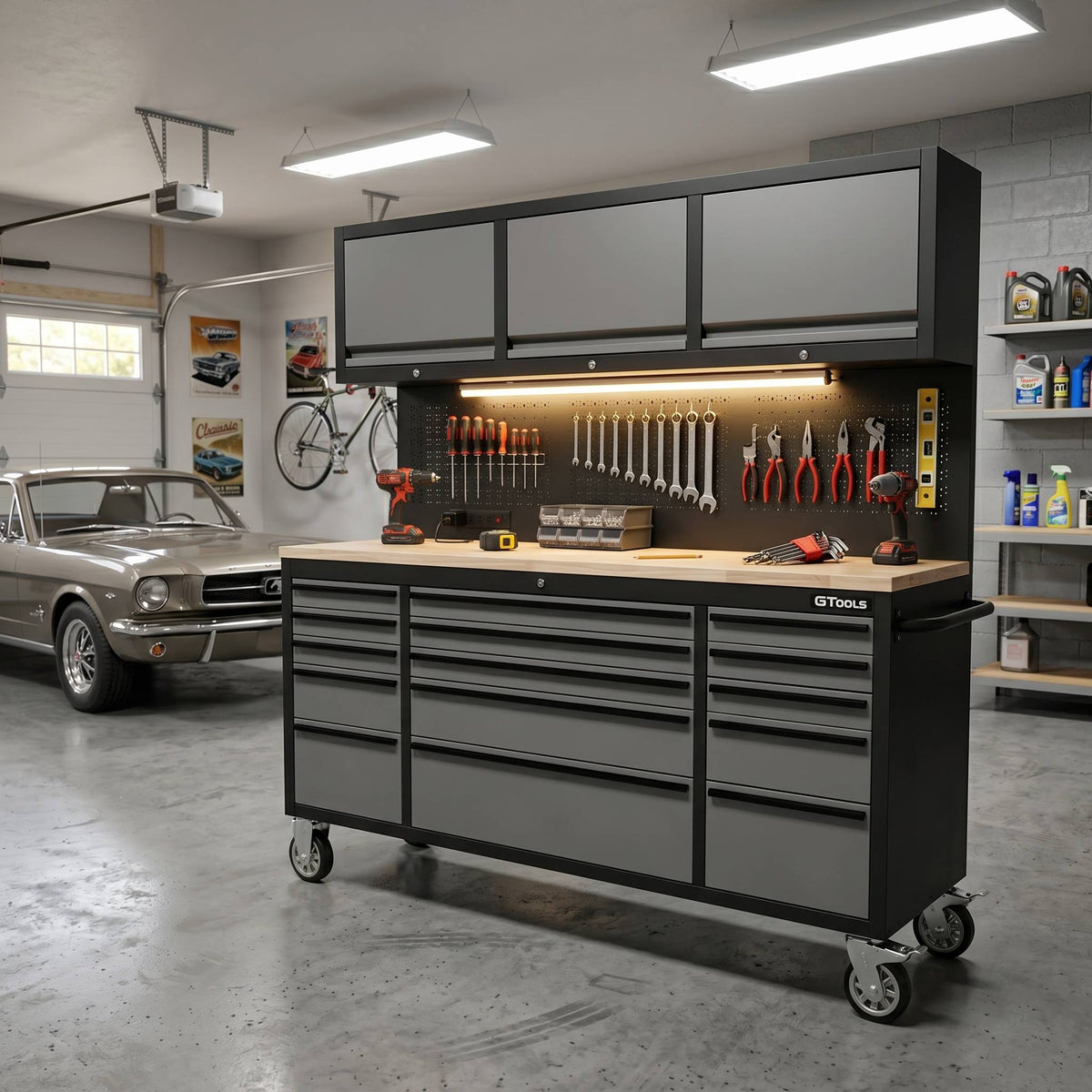 72 inch Rolling Tool Chest with Light & Power Strips, Workbench