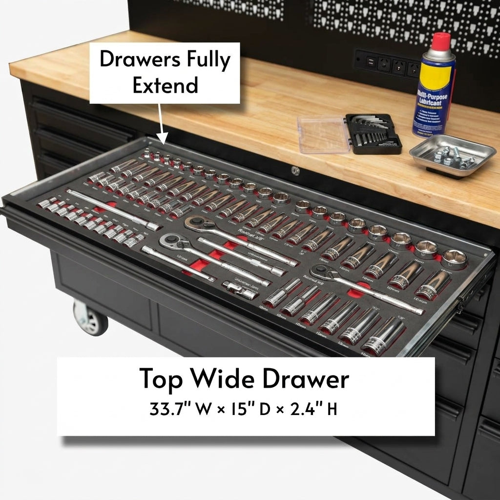 72 inch Rolling Tool Chest with Light & Power Strips, Workbench