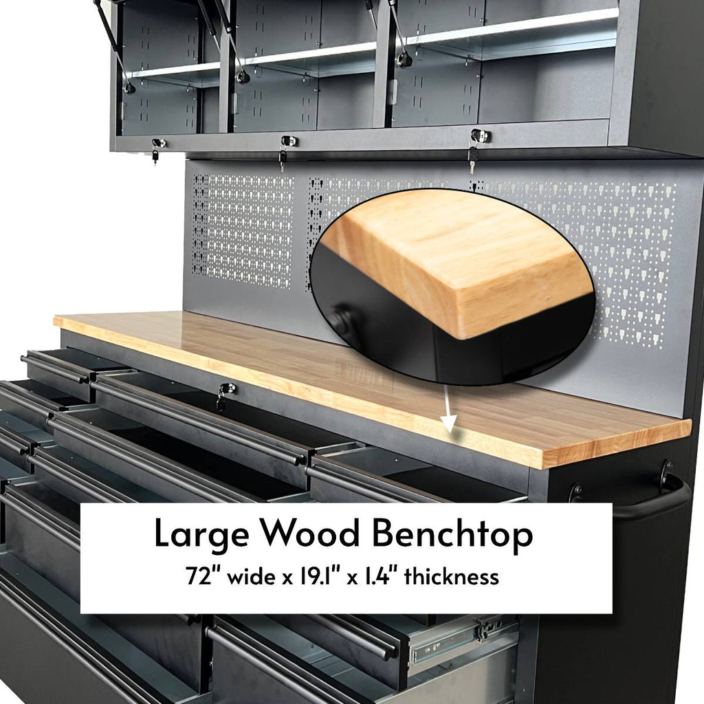 72 inch Rolling Tool Chest with Light & Power Strips, Workbench