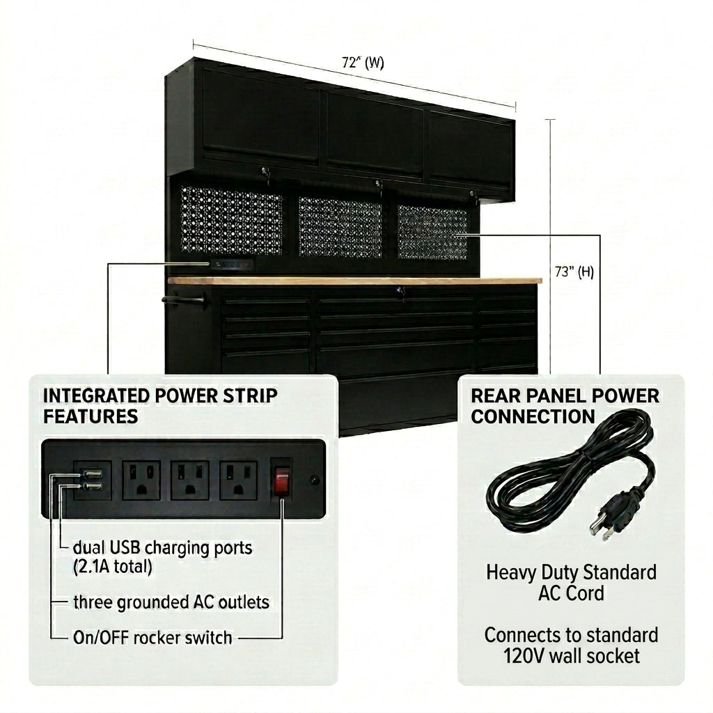 72 inch Rolling Tool Chest with Light & Power Strips, Workbench