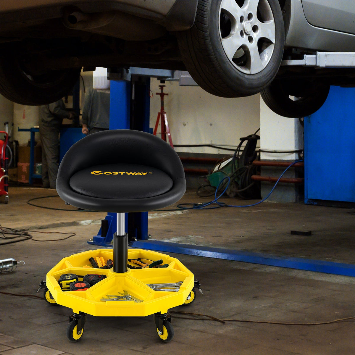 20 Inch-25 Inch Height Adjustable Rolling Garage Stool with Tool Tray