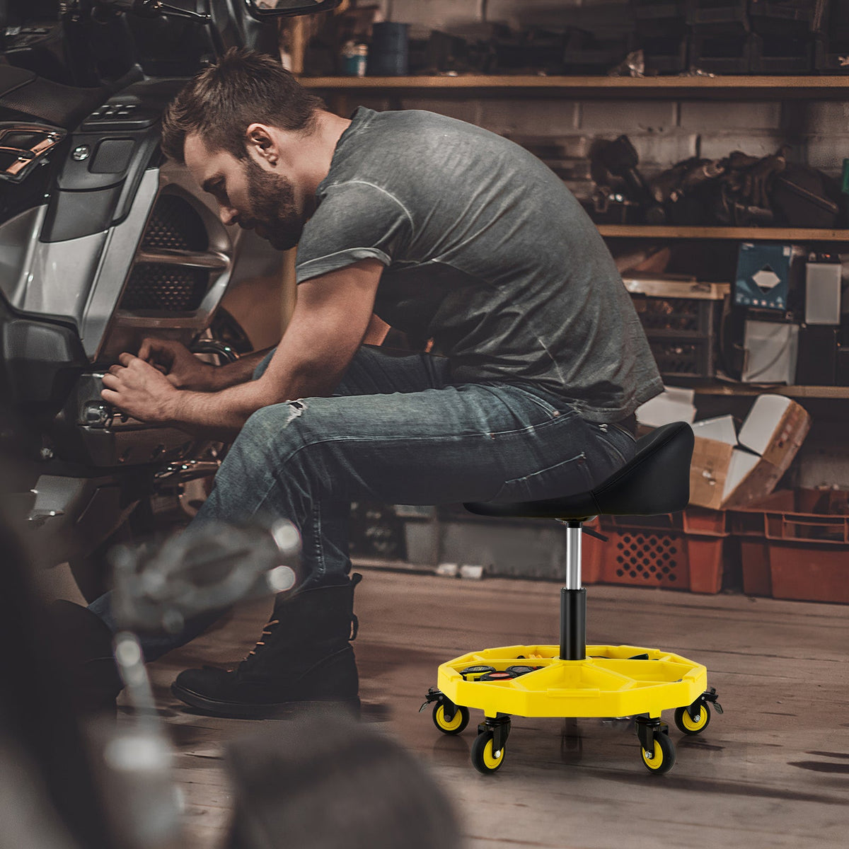 20 Inch-25 Inch Height Adjustable Rolling Garage Stool with Tool Tray