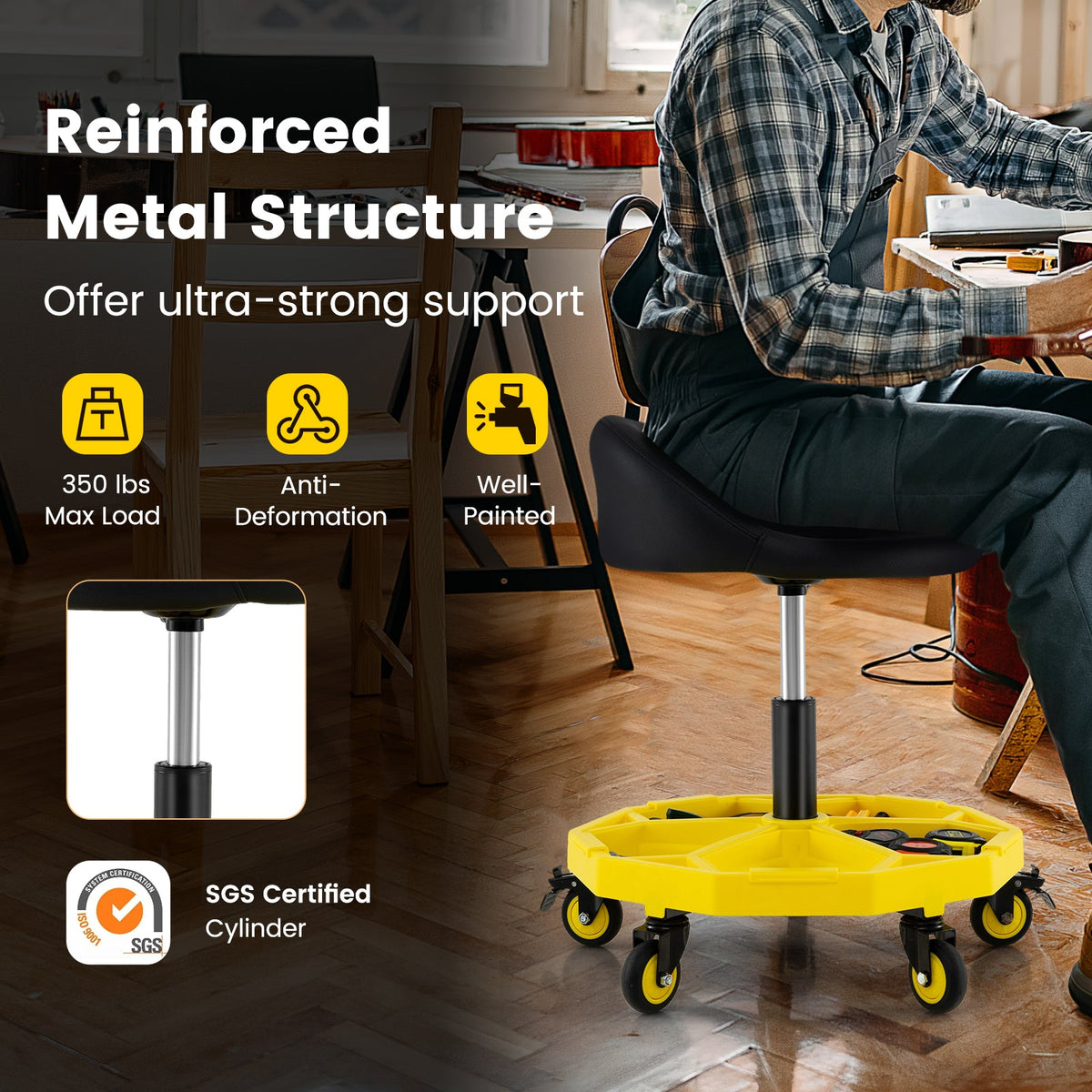 20 Inch-25 Inch Height Adjustable Rolling Garage Stool with Tool Tray