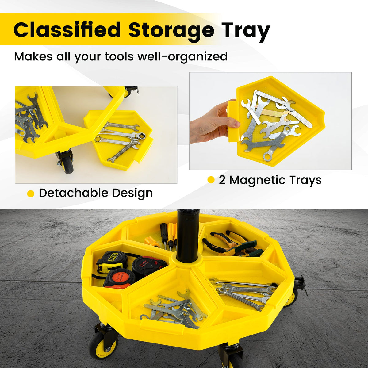 20 Inch-25 Inch Height Adjustable Rolling Garage Stool with Tool Tray
