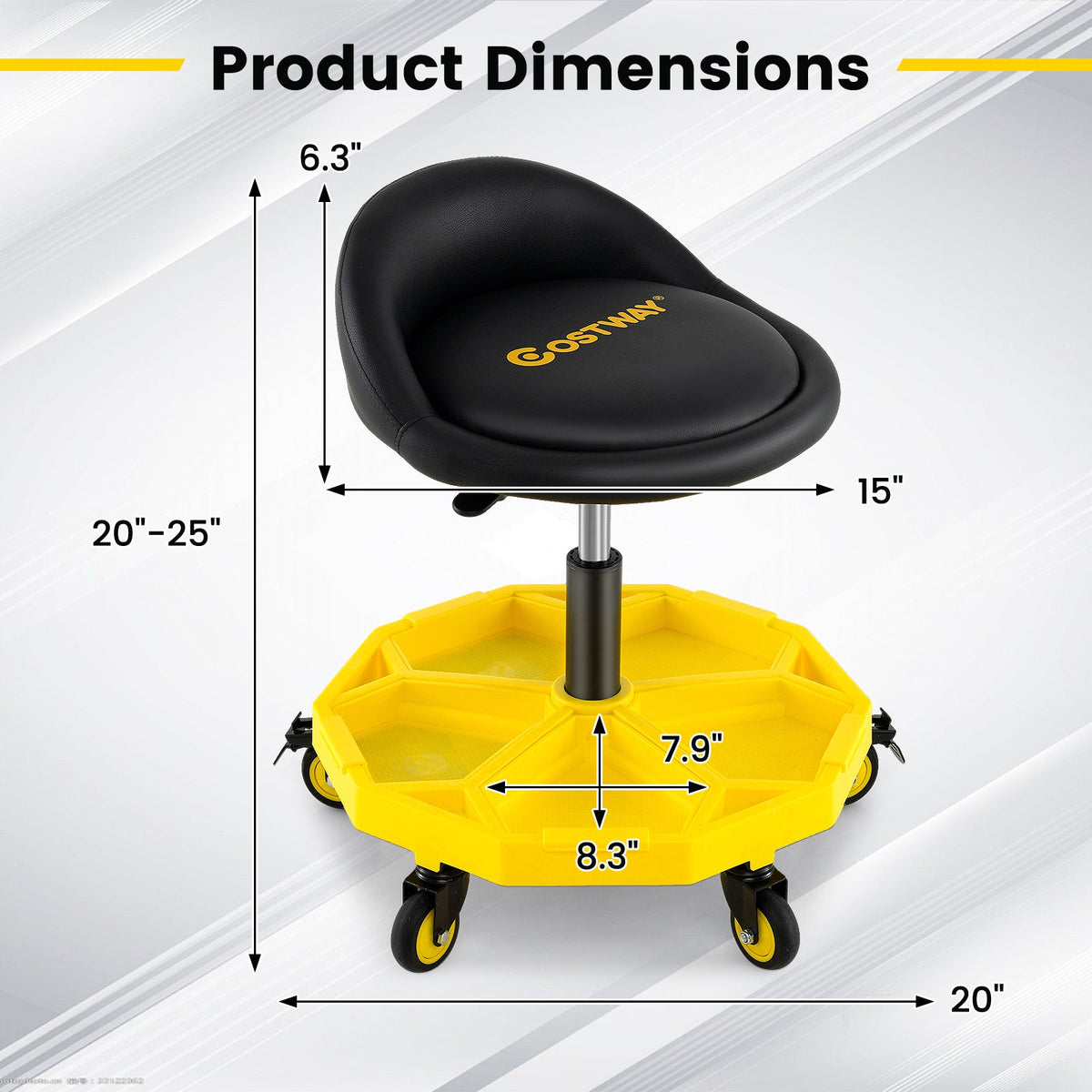 20 Inch-25 Inch Height Adjustable Rolling Garage Stool with Tool Tray