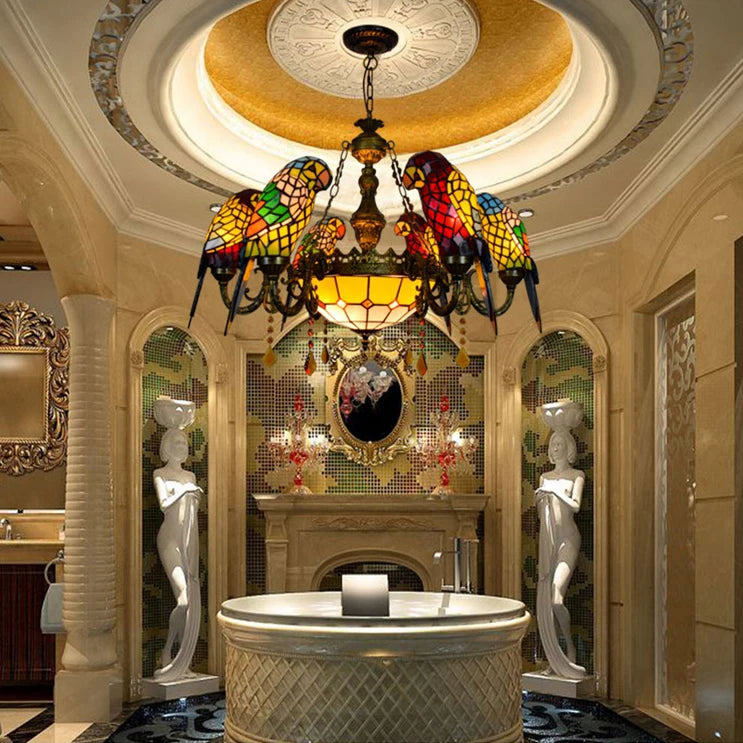 Art Deco Tiffany Parrot Designer Chandelier