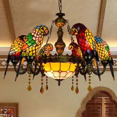 Art Deco Tiffany Parrot Designer Chandelier