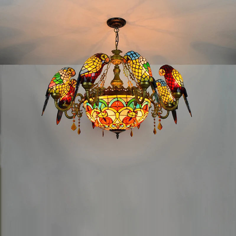 Art Deco Tiffany Parrot Designer Chandelier