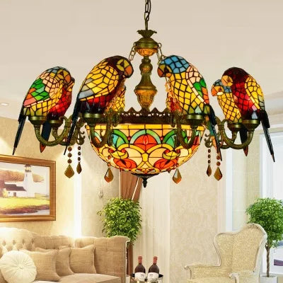 Art Deco Tiffany Parrot Designer Chandelier