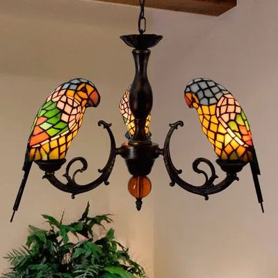 Art Deco Tiffany Parrot Designer Chandelier