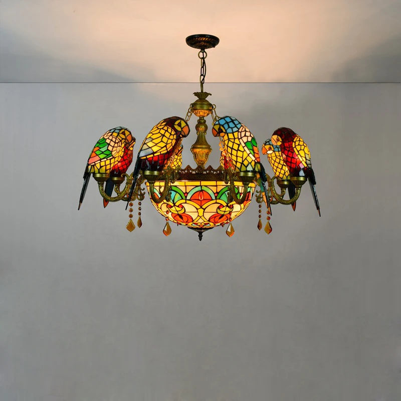 Art Deco Tiffany Parrot Designer Chandelier