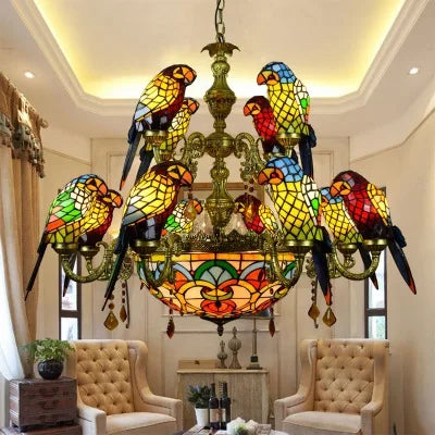 Art Deco Tiffany Parrot Designer Chandelier