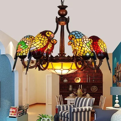 Art Deco Tiffany Parrot Designer Chandelier