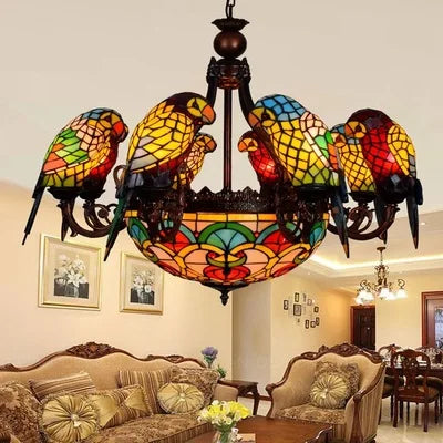 Art Deco Tiffany Parrot Designer Chandelier