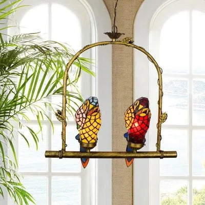 Art Deco Tiffany Parrot Designer Chandelier