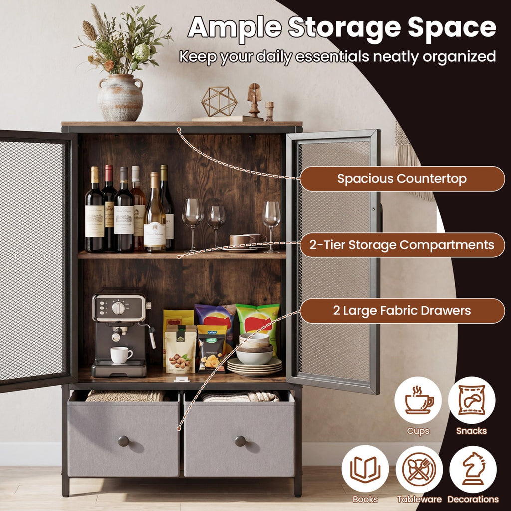 Industrial Coffee Bar Cabinet with 2-Tier Storage Compartment