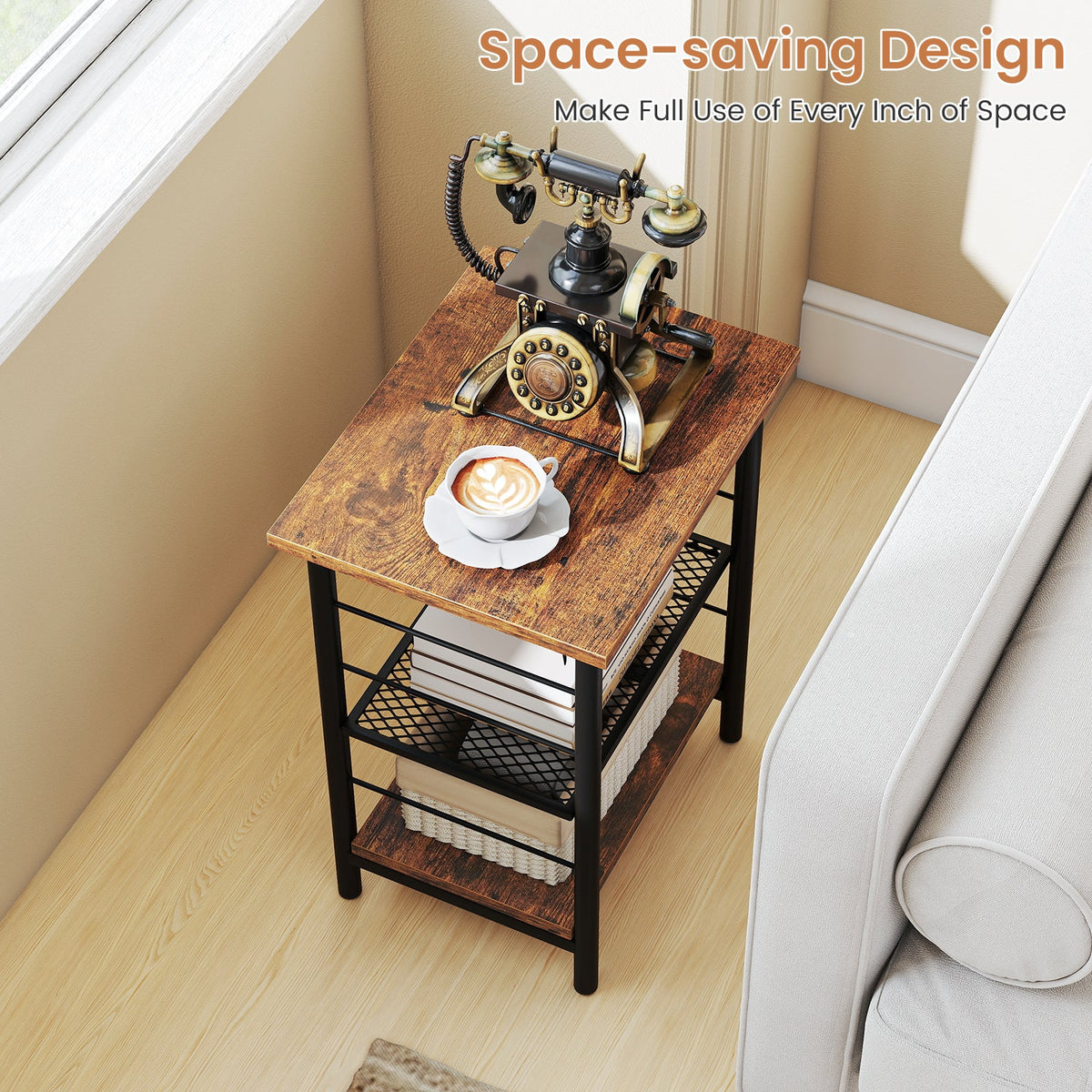 3-Tier End Table, Nightstand Industrial Bedside Table\