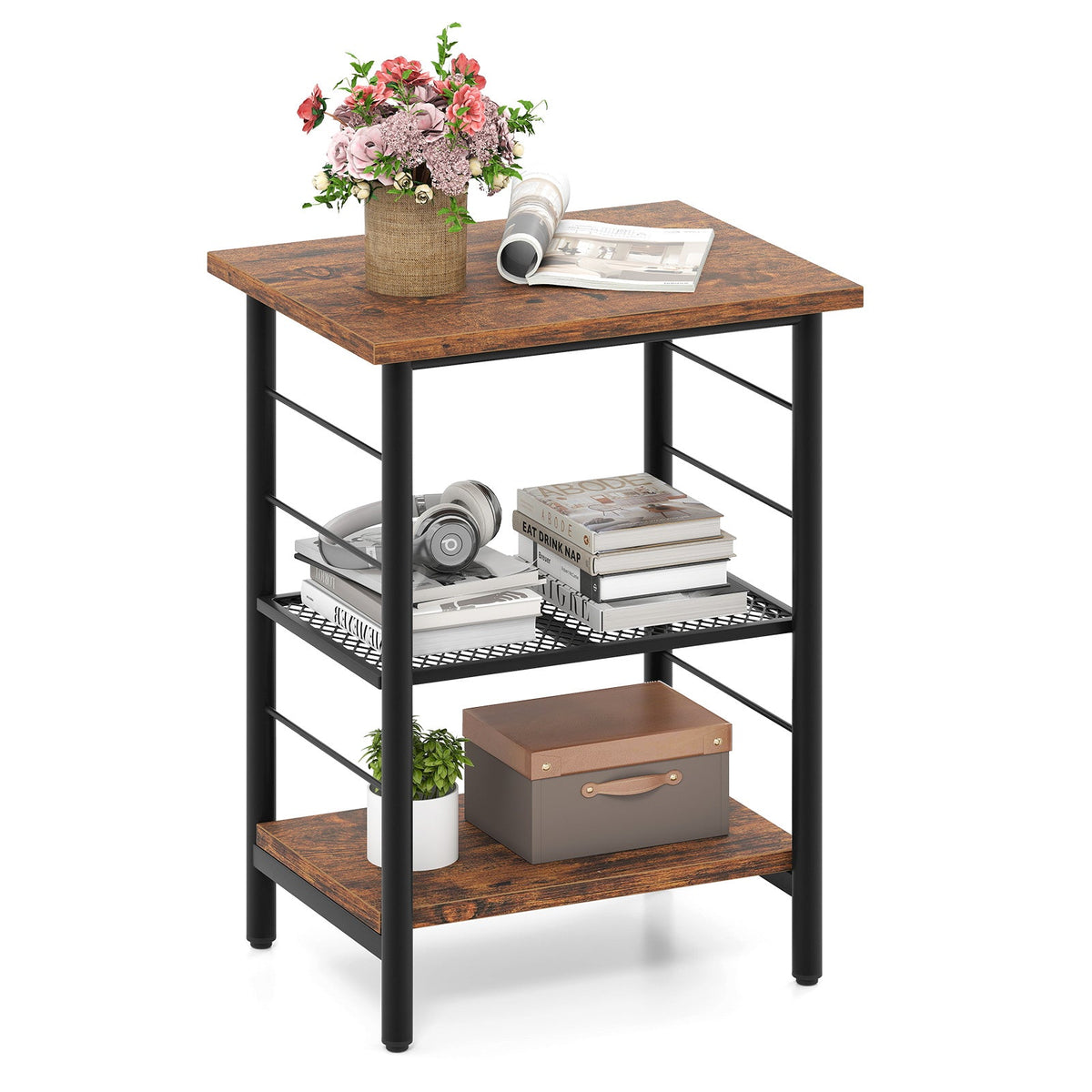 3-Tier End Table, Nightstand Industrial Bedside Table\