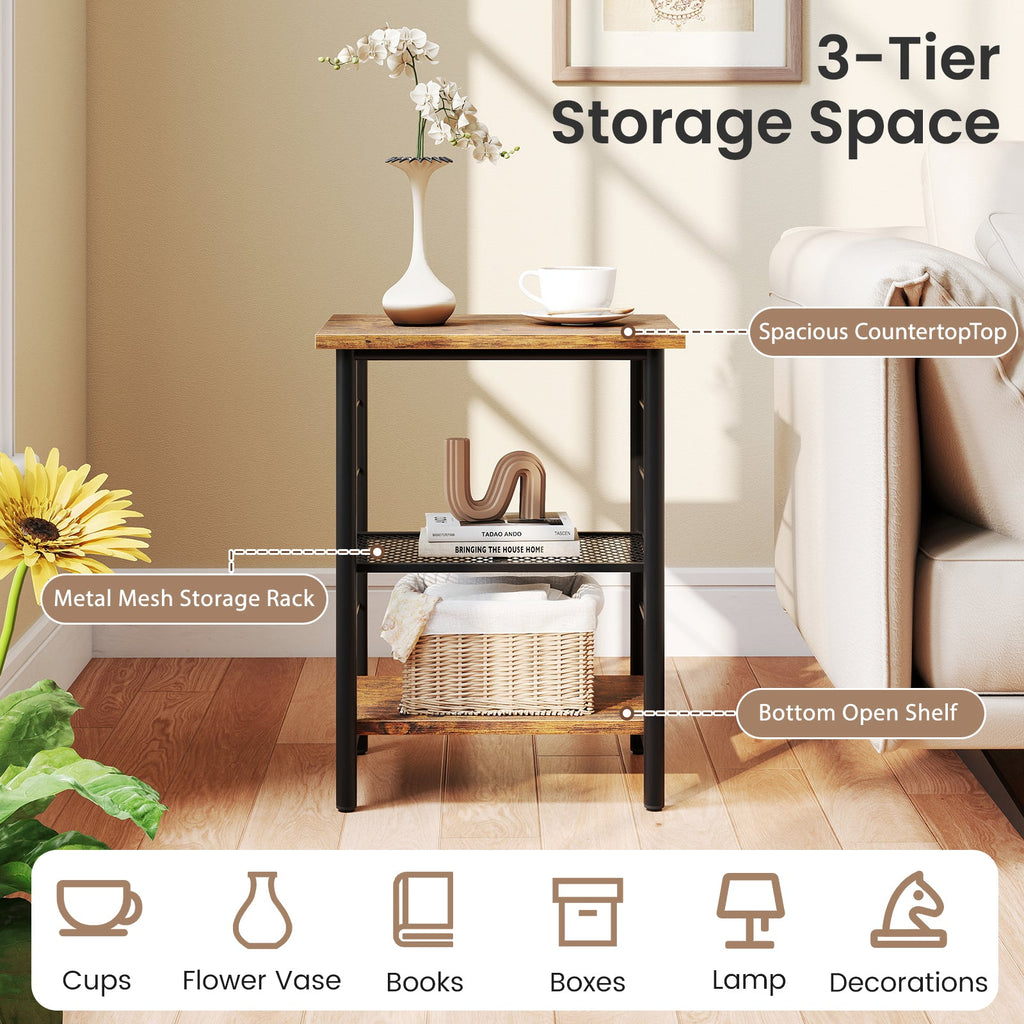 3-Tier End Table, Nightstand Industrial Bedside Table\