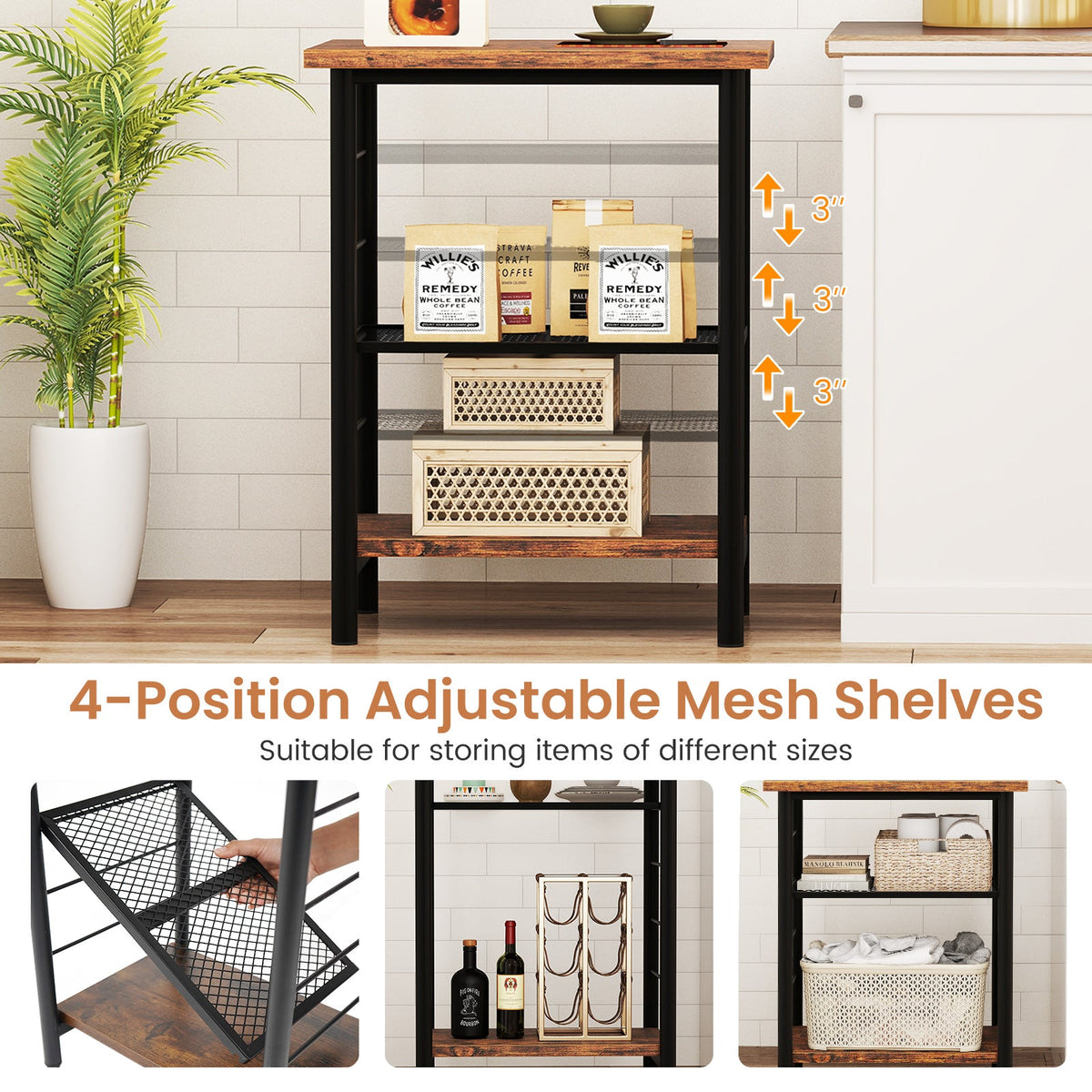 3-Tier End Table, Nightstand Industrial Bedside Table\