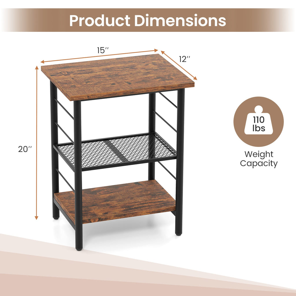 3-Tier End Table, Nightstand Industrial Bedside Table\
