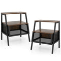 Industrial Nightstand 3-Tier End Table Set of 2 with 2 Open Shelves and Metal Mesh Compartment-Rustic Brown