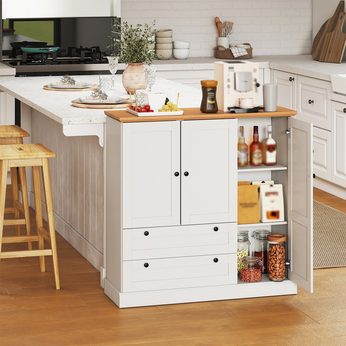 47.5 Inch Kitchen Cabinet with 3 Doors and 2 Large Drawers-White