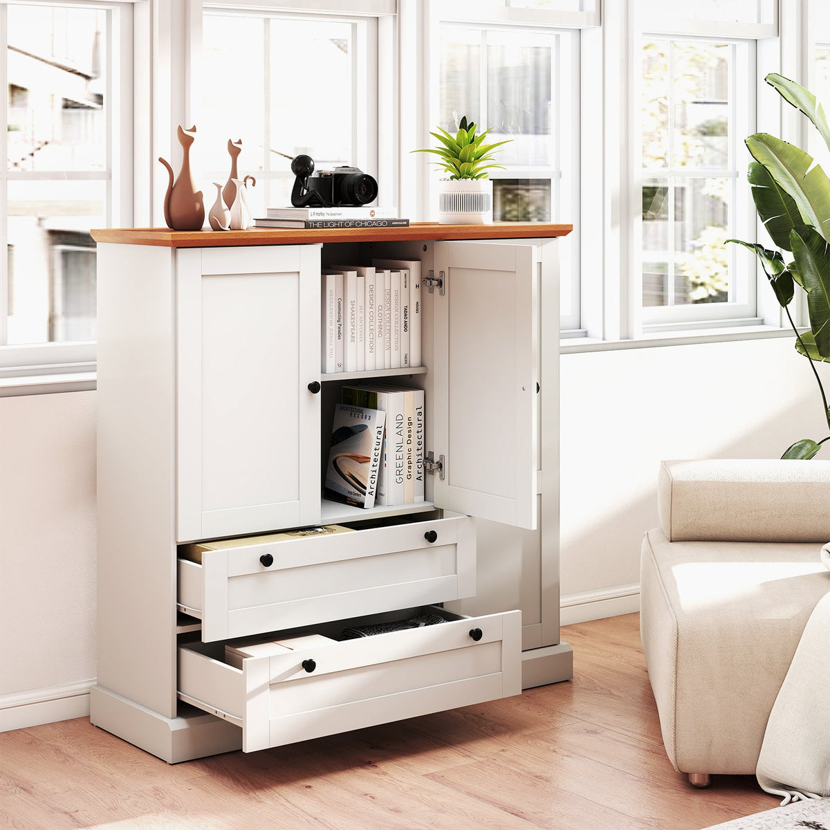 47.5 Inch Kitchen Cabinet with 3 Doors and 2 Large Drawers-White