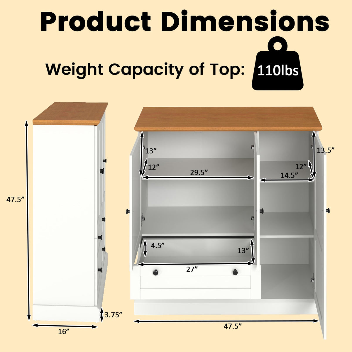 47.5 Inch Kitchen Cabinet with 3 Doors and 2 Large Drawers-White
