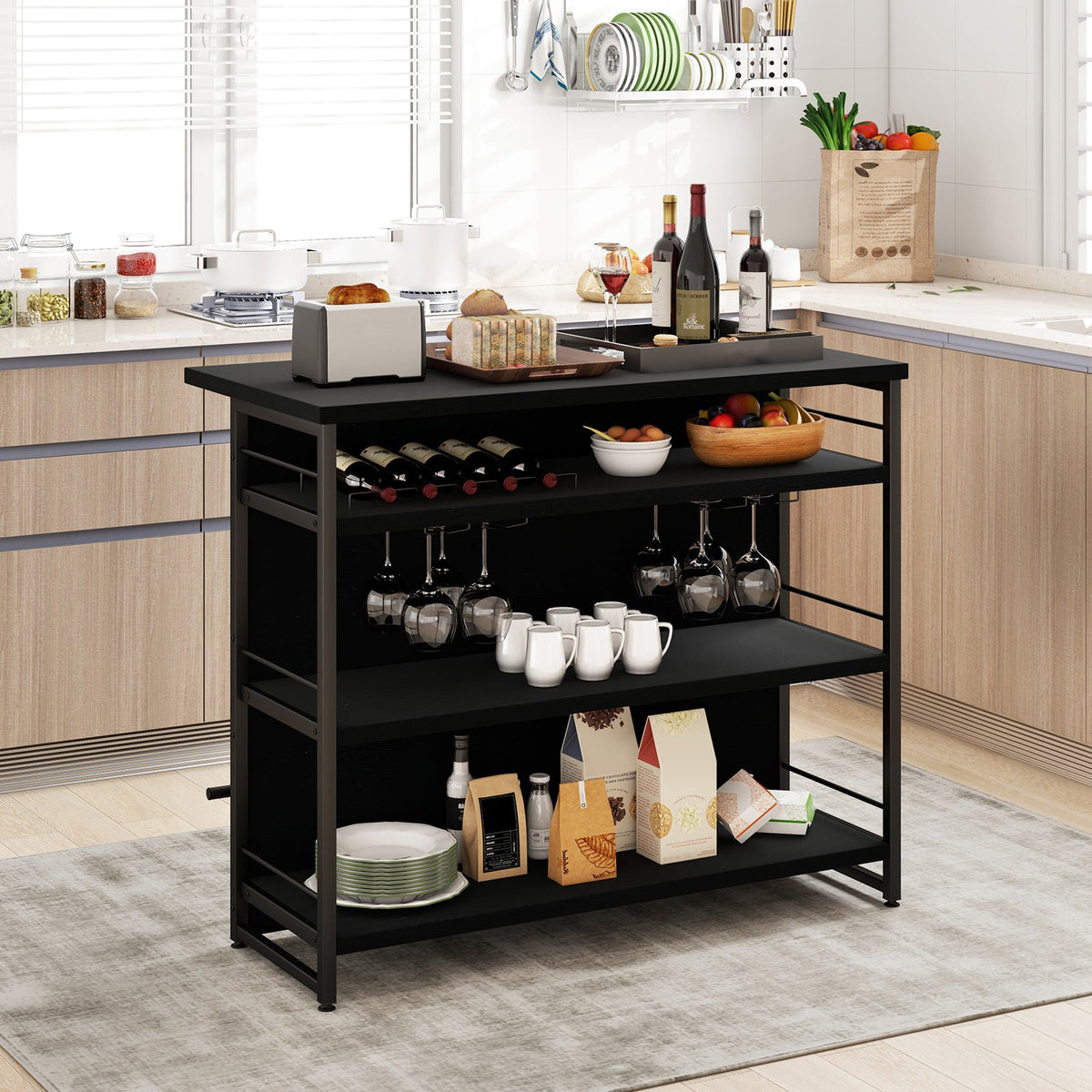 Kitchen Island with 4-Tier Storage Shelf and Long Footrest