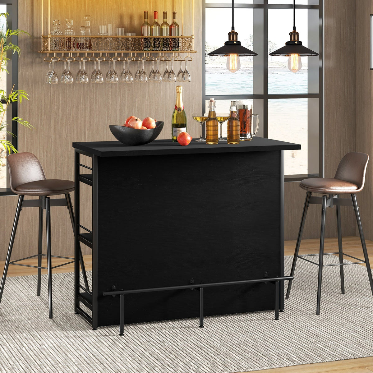 Kitchen Island with 4-Tier Storage Shelf and Long Footrest
