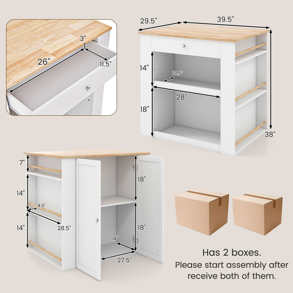 Modern Kitchen Island with Rubber Wood Countertop and Storage