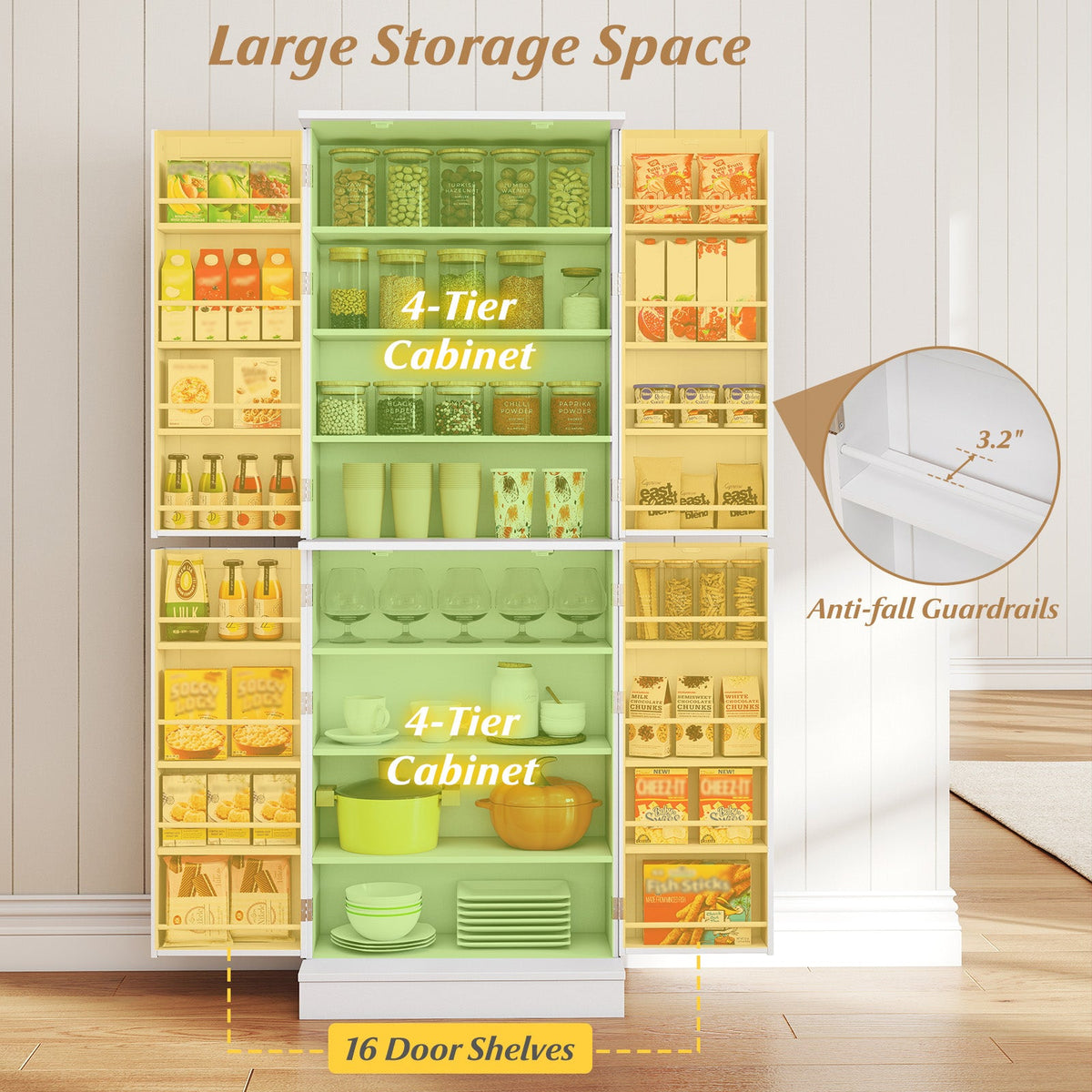Kitchen Pantry Cabinet 65.5 Inch Freestanding Tall Buffet Cupboard