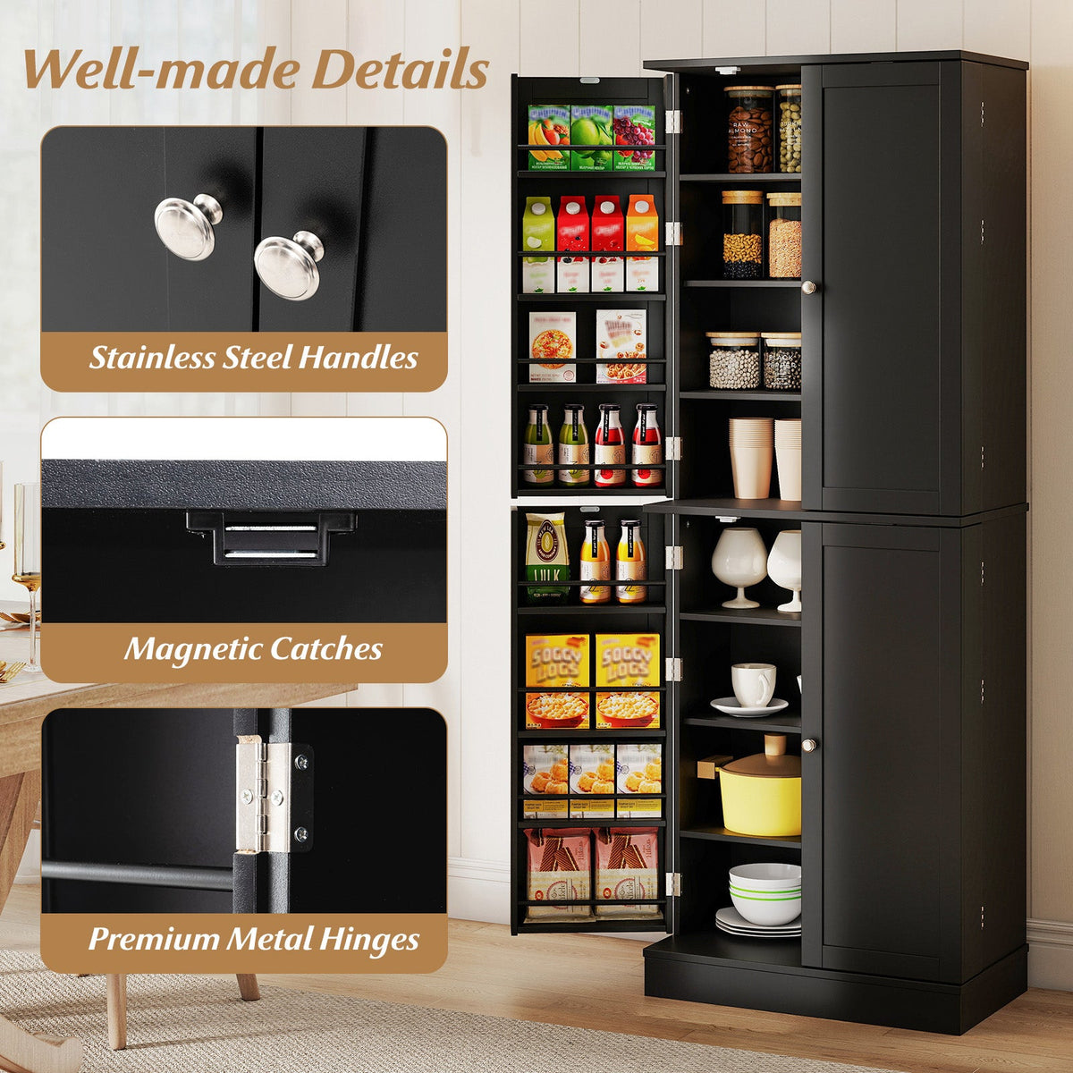 Kitchen Pantry Cabinet 65.5 Inch Freestanding Tall Buffet Cupboard