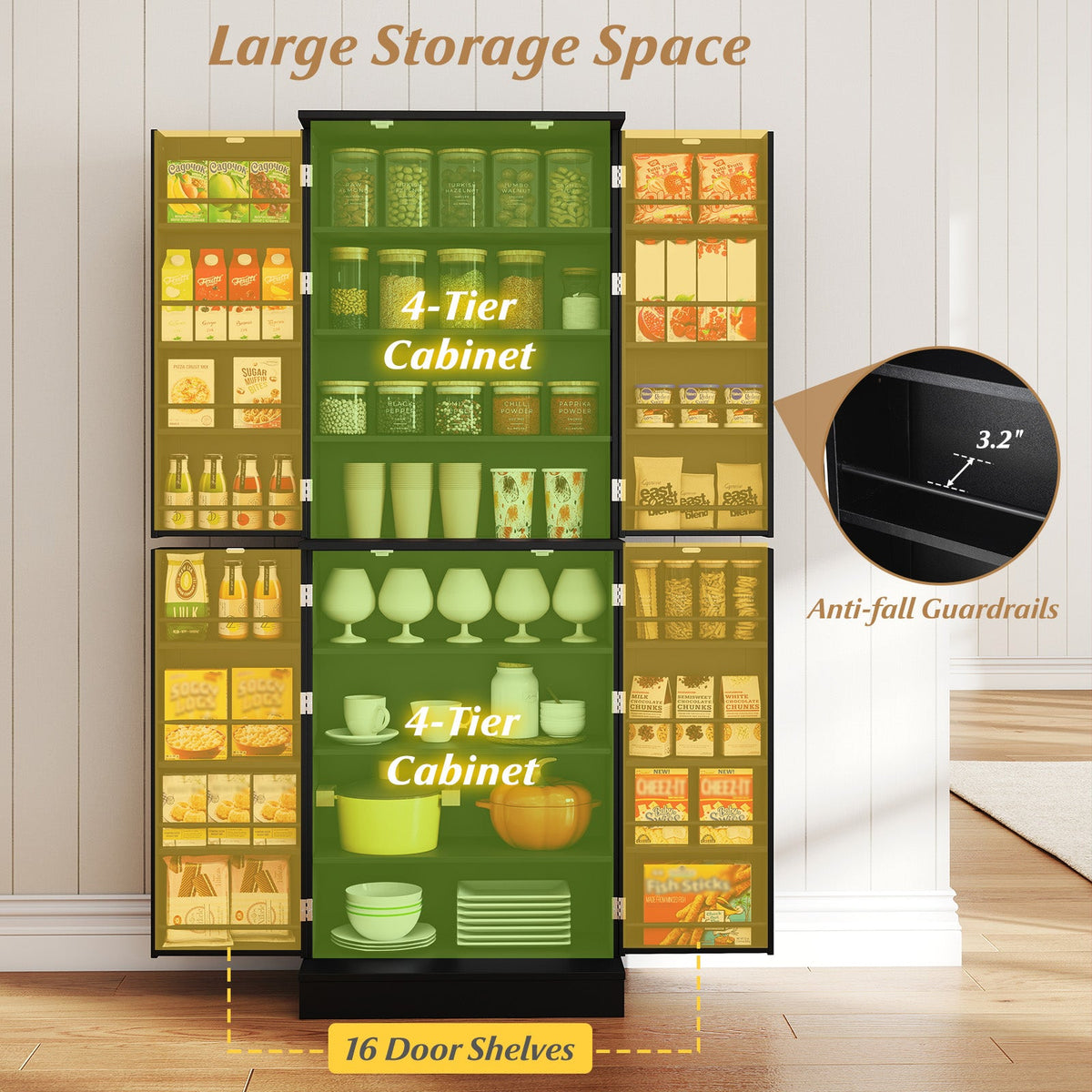 Kitchen Pantry Cabinet 65.5 Inch Freestanding Tall Buffet Cupboard