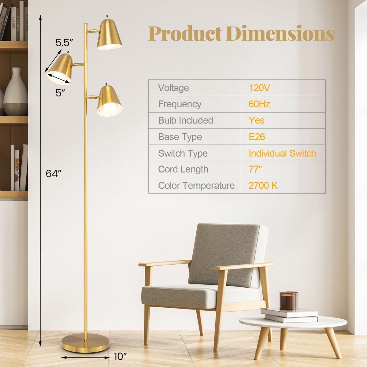 64 Inch 3-Light LED Floor Lamp